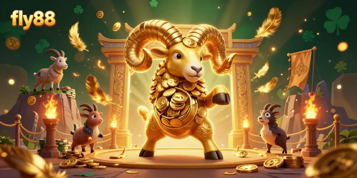 Engage with fly88's dynamic gaming scene featuring a golden ram amidst thrilling casino elements.