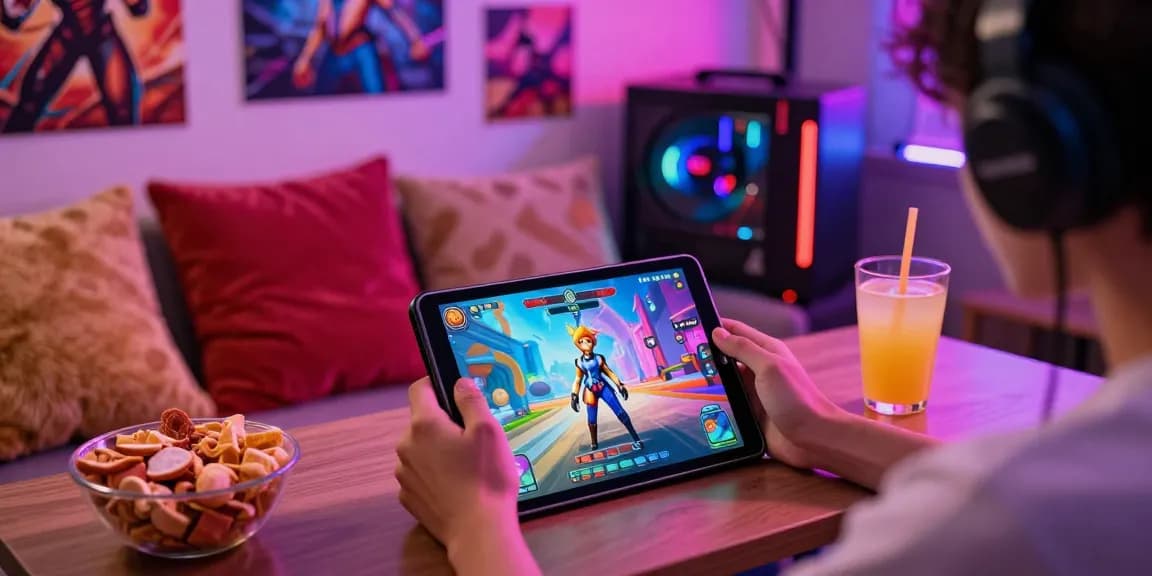 Player immersed in an android hentai game with colorful graphics and snacks in a cozy setup