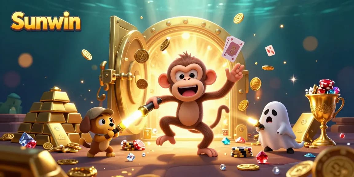 Experience Sunwin's exciting casino adventure with a playful poltergeist monkey and ghost-hunter puppy amidst dazzling treasures.