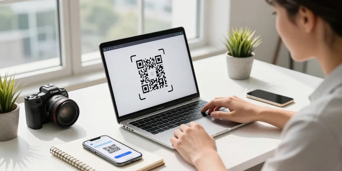 Efficient qr scanner in action on a laptop, scanning QR code in a modern workspace.