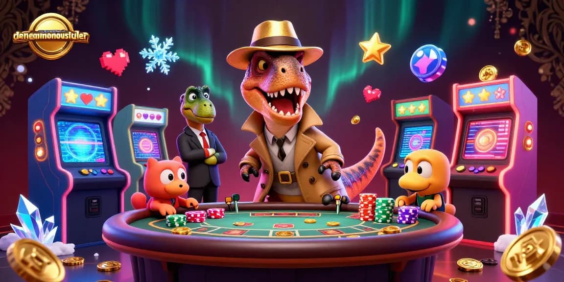Engage with denemebonusuverensiteler showcasing dynamic casino scene with velociraptor players and vibrant gaming elements.