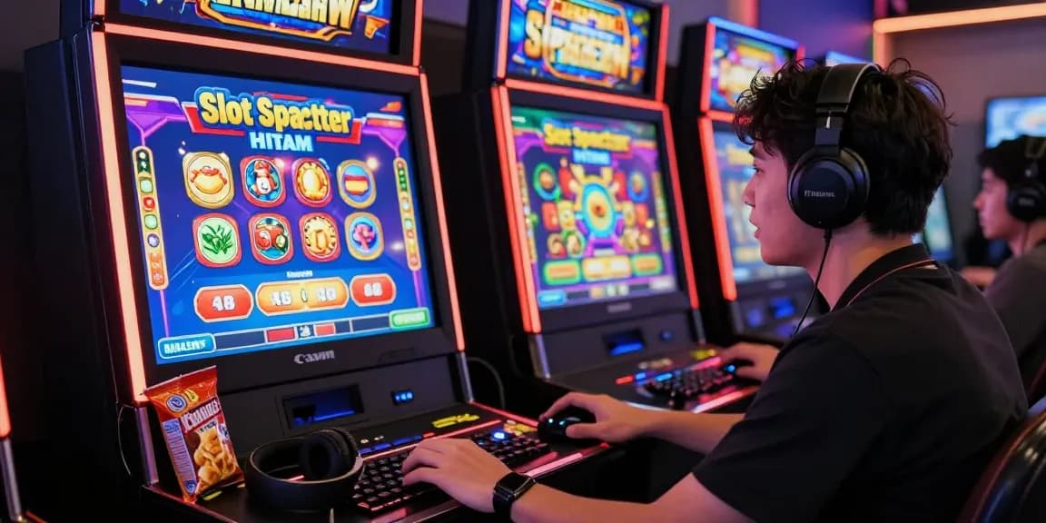 Excited gamer playing Slot Scatter Hitam on a vibrant online slot machine in a lively gaming room.