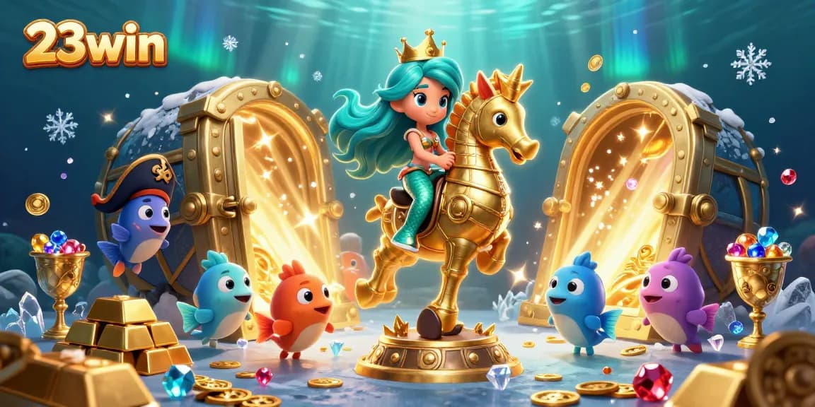 Experience thrilling gaming with 23win's vibrant underwater casino scene featuring playful characters and rich treasures.