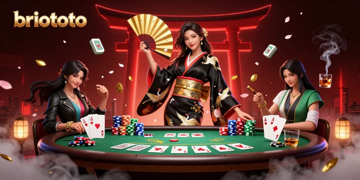 Engage in briototo's dynamic casino experience with elegant Asian woman in a vibrant, gambling-themed illustration