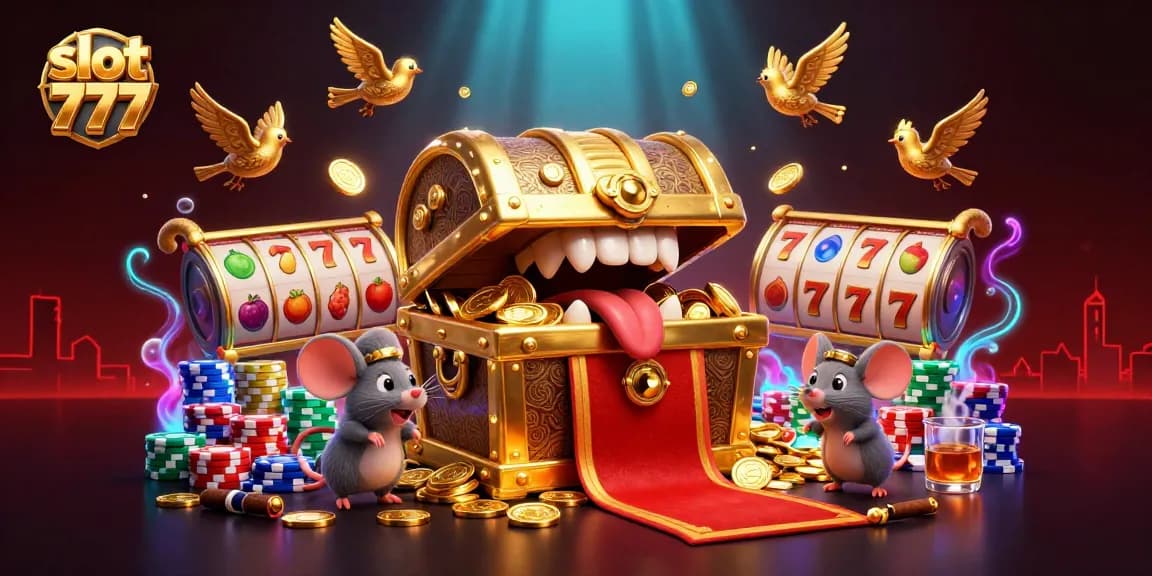 Experience exciting wins at slot 777 with vibrant visuals of spinning reels and adorable treasure-seeking mice.