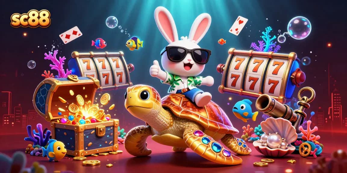 Engage with SC88's lucky rabbit and golden turtle in a vibrant casino-themed ocean adventure.