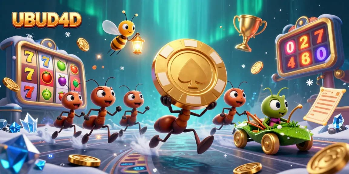 Experience the thrill of UBUD4D with playful ants carrying a giant poker chip in a colorful casino scene.