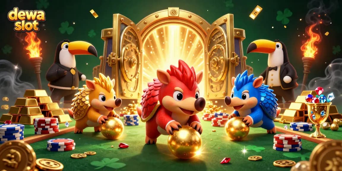 Rasakan keseruan dewa slot dengan pangolin yang bersaing dan harta karun di latar belakang yang penuh warna.