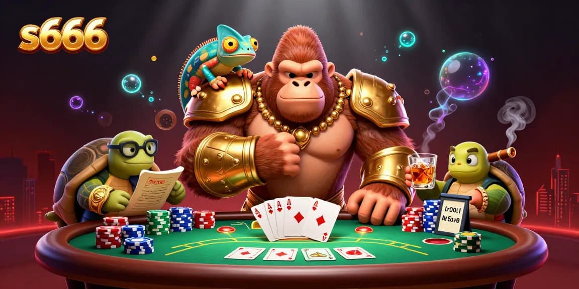 S666 casino illustration showcasing a powerful gorilla in armor with a chameleon companion and a wise tortoise, surrounded by poker elements.