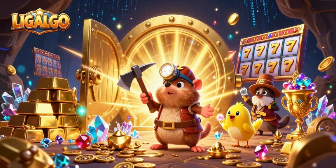 LIGALGO showcases a vibrant 3D illustration of a treasure hunting mole amidst gold and slot game elements.
