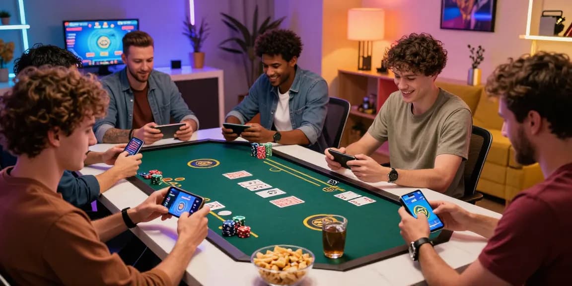 Enthusiastic players enjoying Teen Patti Gold game on smartphones in a vibrant, social setting with interactive elements.