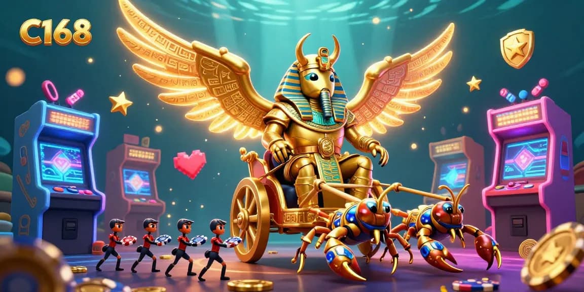 C168 offers an exciting gambling experience with a colossal golden scarab beetle amidst 3D gaming elements and poker chips.