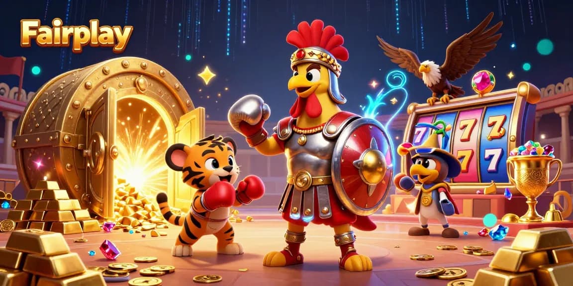 Play Fairplay: dynamic casino scene featuring a gladiator rooster, a sparring tiger cub, and vibrant slot reels.