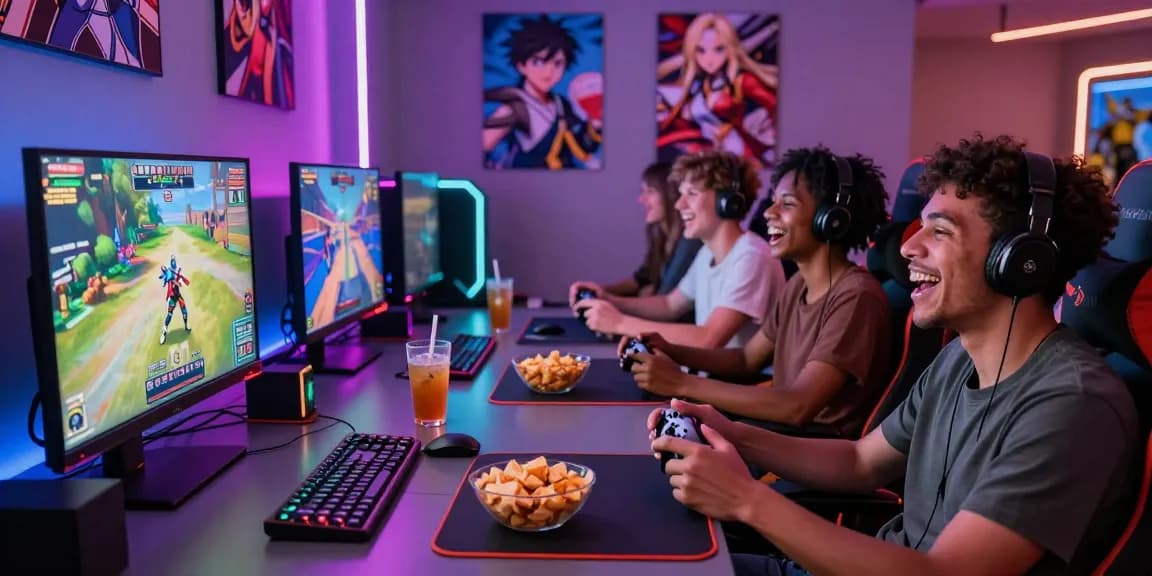 Friends enjoying a competitive hentai game in a vibrant gaming lounge, highlighting the excitement and camaraderie.