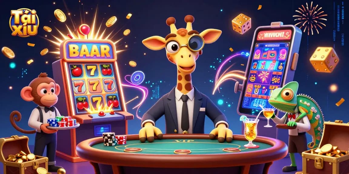 Engage in Tài xỉu with a 3D scene featuring a high-roller giraffe, monkey valet, and chameleon bartender.
