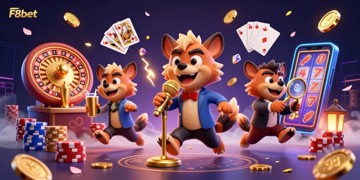 Join the lively F8bet casino experience with animated hyenas bringing fun and excitement to online gambling!