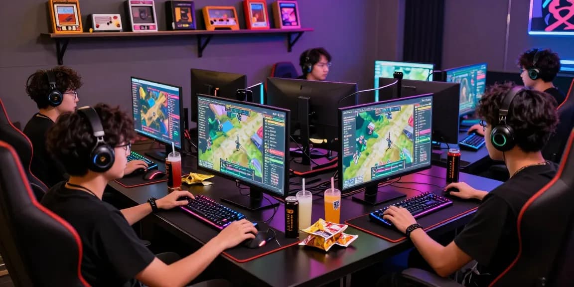 Intense gaming lounge scene highlighting Fun88Thailand in vibrant atmosphere with gamers and cutting-edge tech.