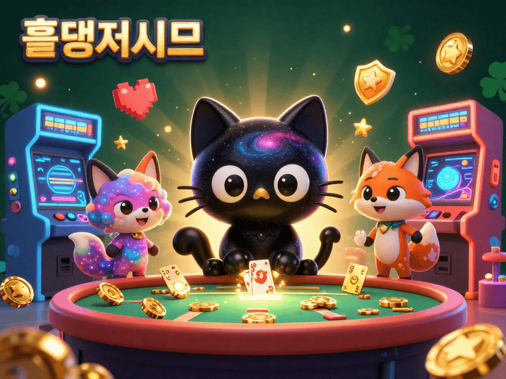 홀덤사이트에서의 화려한 카지노 분위기를 체험하는 검은 구멍 고양이와 성운 여우의 일러스트