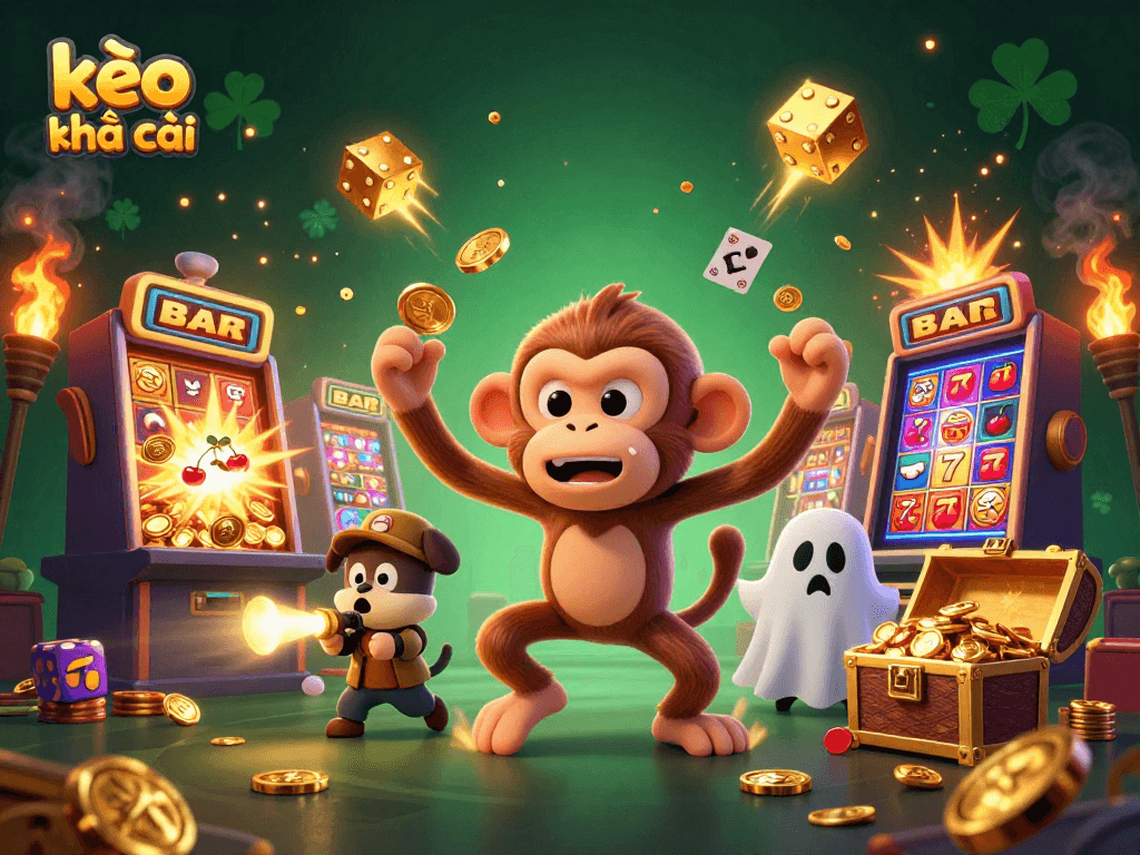 Experience the thrill of kèo nhà cái with a whimsical poltergeist monkey juggling golden casino tokens in a haunted scene.