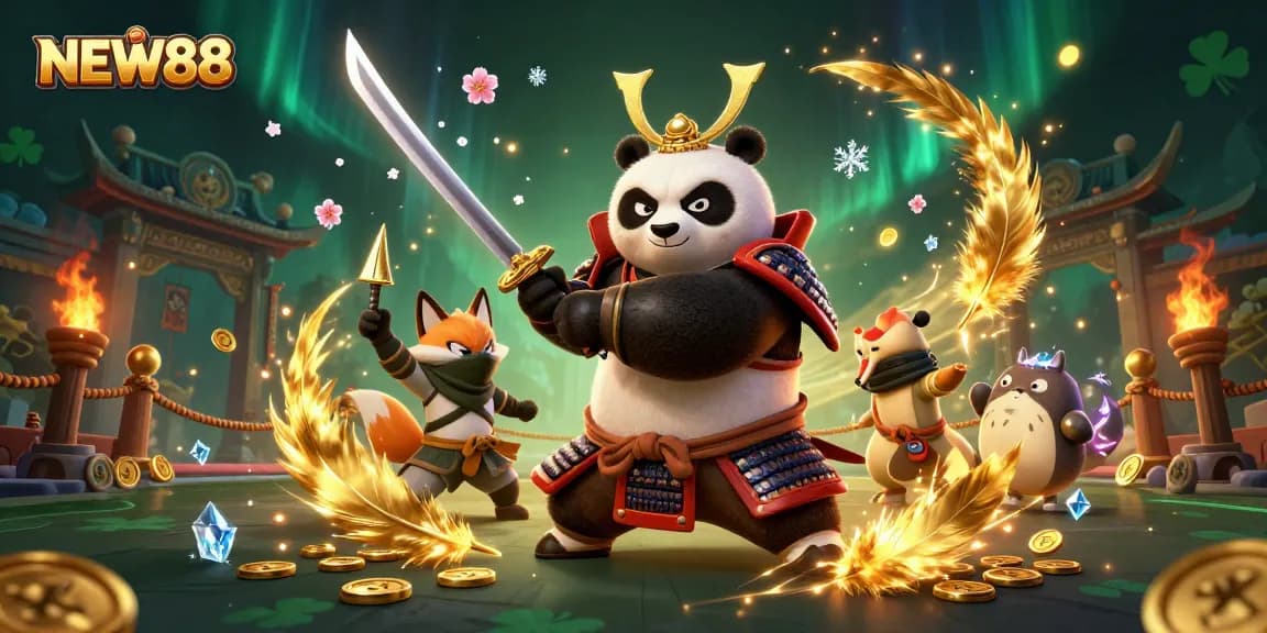 Experience thrilling gaming on NEW88 with vibrant characters battling in a rich 3D casino world.