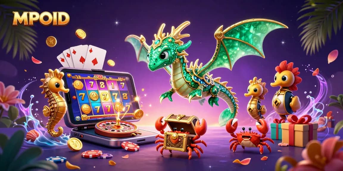 MPOID engages players with an exciting scene featuring a colorful slot game and a majestic sea dragon.