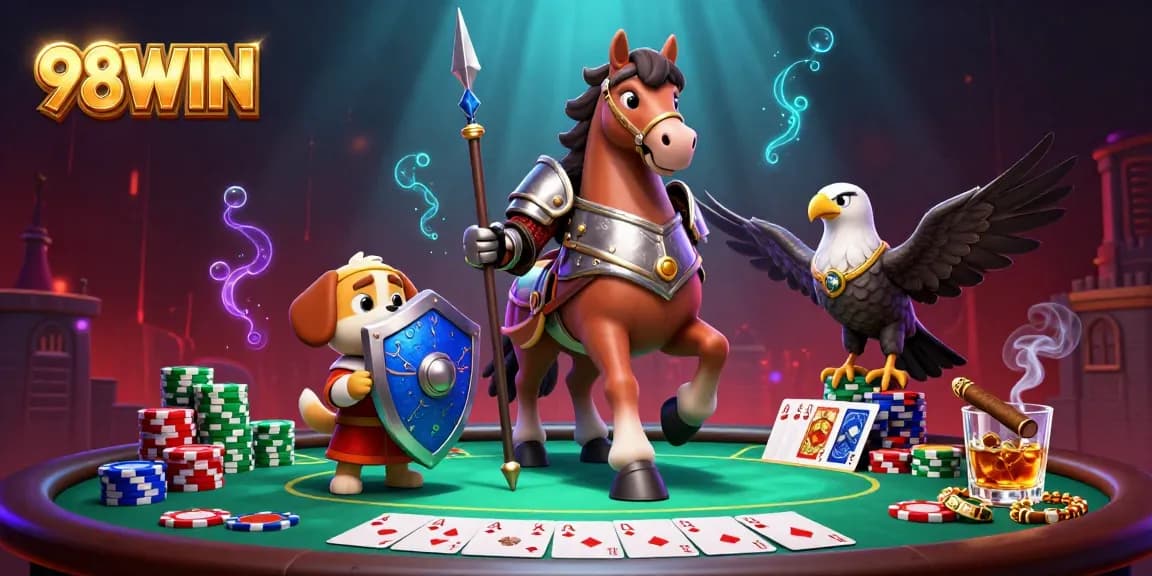 Engage in thrilling gameplay with 98WIN in a vibrant casino-themed scene full of poker action.