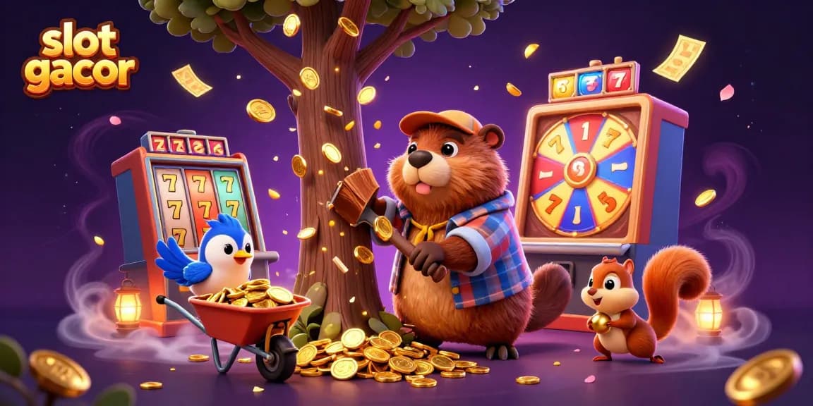 Experience the excitement of slot gacor with lively characters enjoying a golden coin rain.