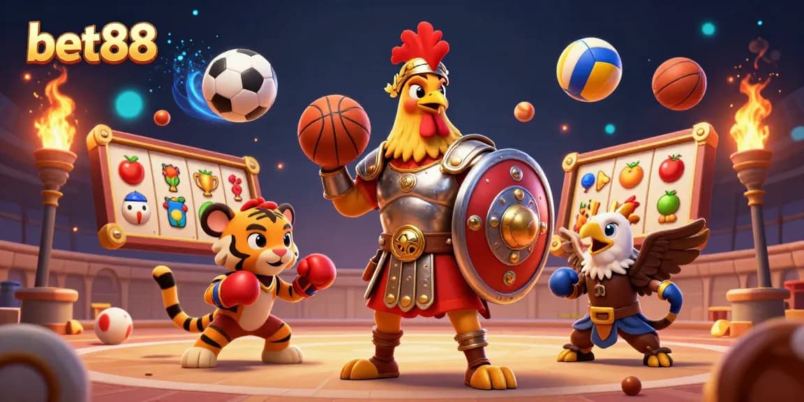 Experience big wins at bet88 casino with a vibrant 3D scene of exciting games and characters.