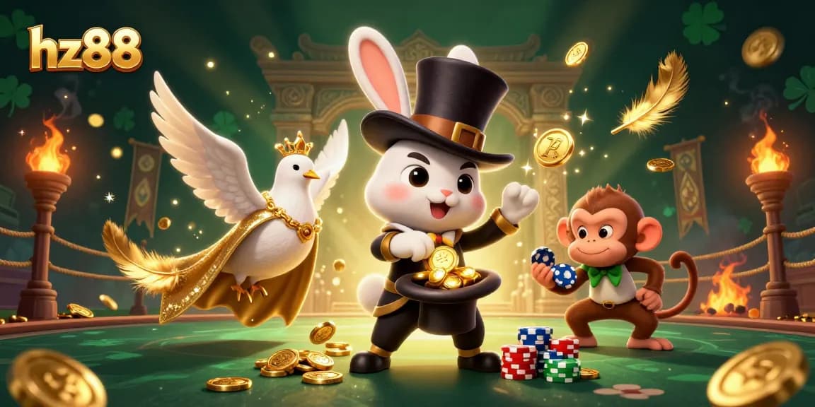 Experience thrilling action at hz88 with our vibrant casino illustration featuring a magician, dove, and monkey.