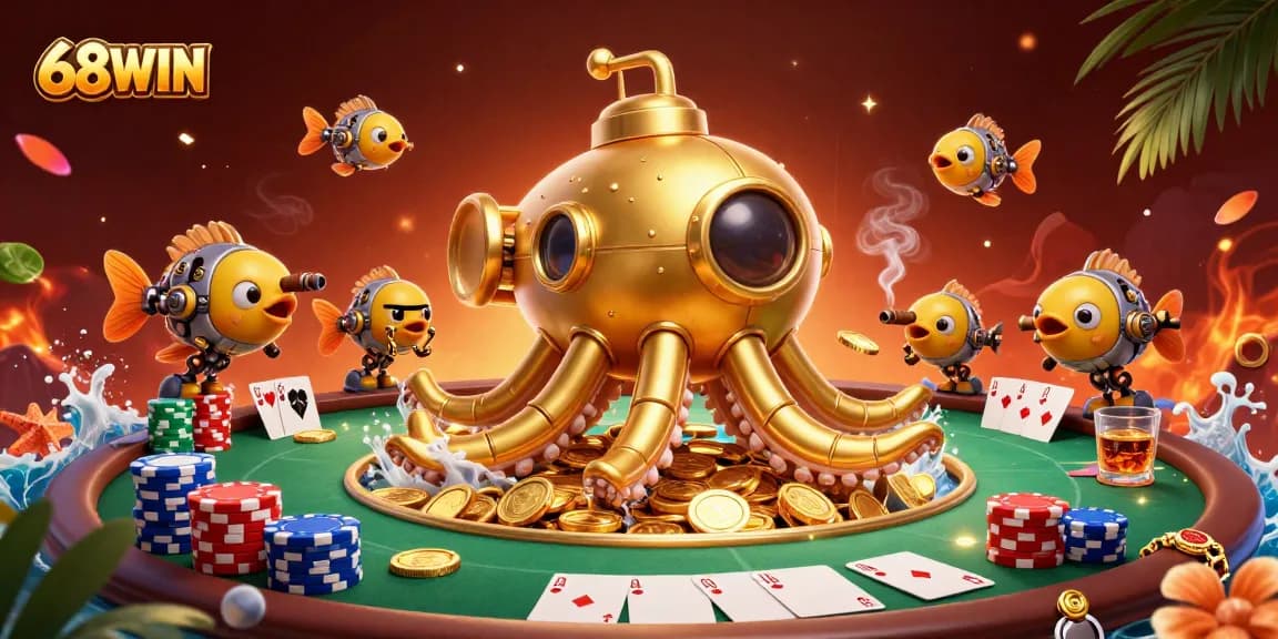 Engaging 68WIN illustration showcasing a golden kraken submarine and poker gaming elements.