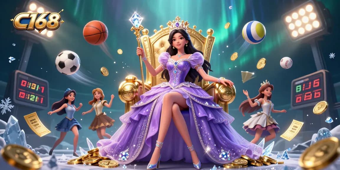 C168 offers thrilling betting experiences with a stunning Asian princess surrounded by sports elements and golden coins