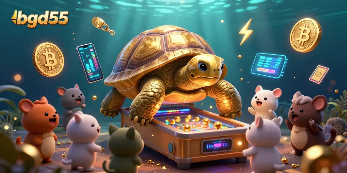 Engage with bgd55 as you spin reels on a golden pinball tortoise surrounded by crypto elements.