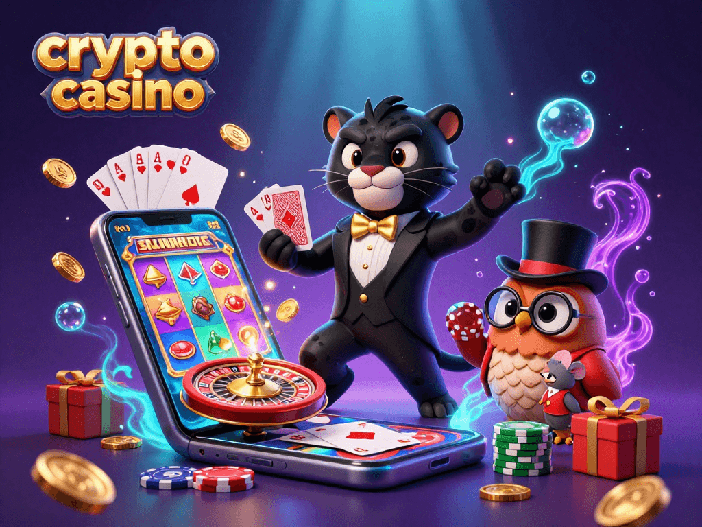 Engaging 3D illustration of a stylish panther dealer in a crypto casino, with an owl and lucky mouse amidst dynamic game elements.