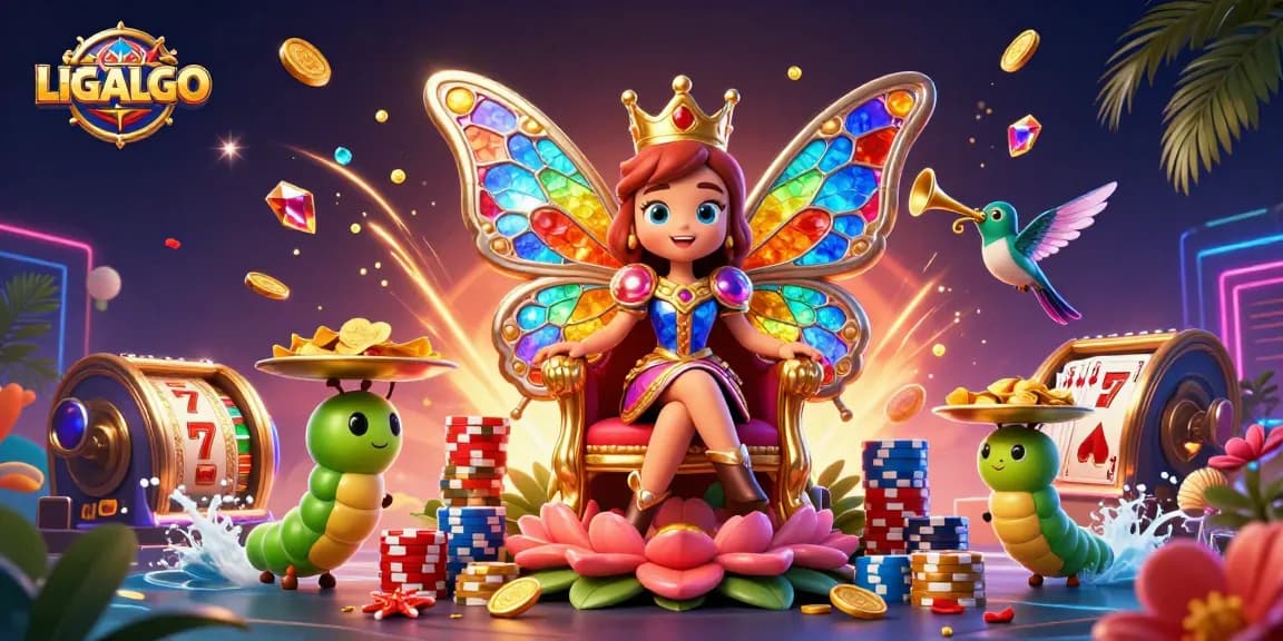 LIGALGO offers a vibrant casino experience with dynamic slots, colorful poker chips, and a butterfly queen.
