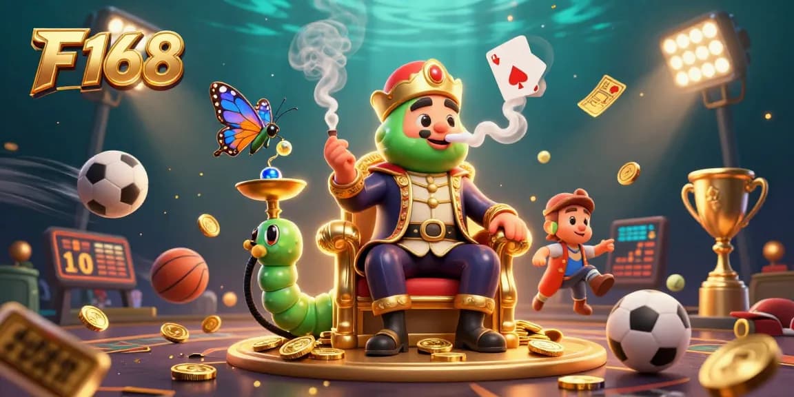 Experience the excitement of F168 with this vibrant illustration depicting a whimsical caterpillar and gaming elements.