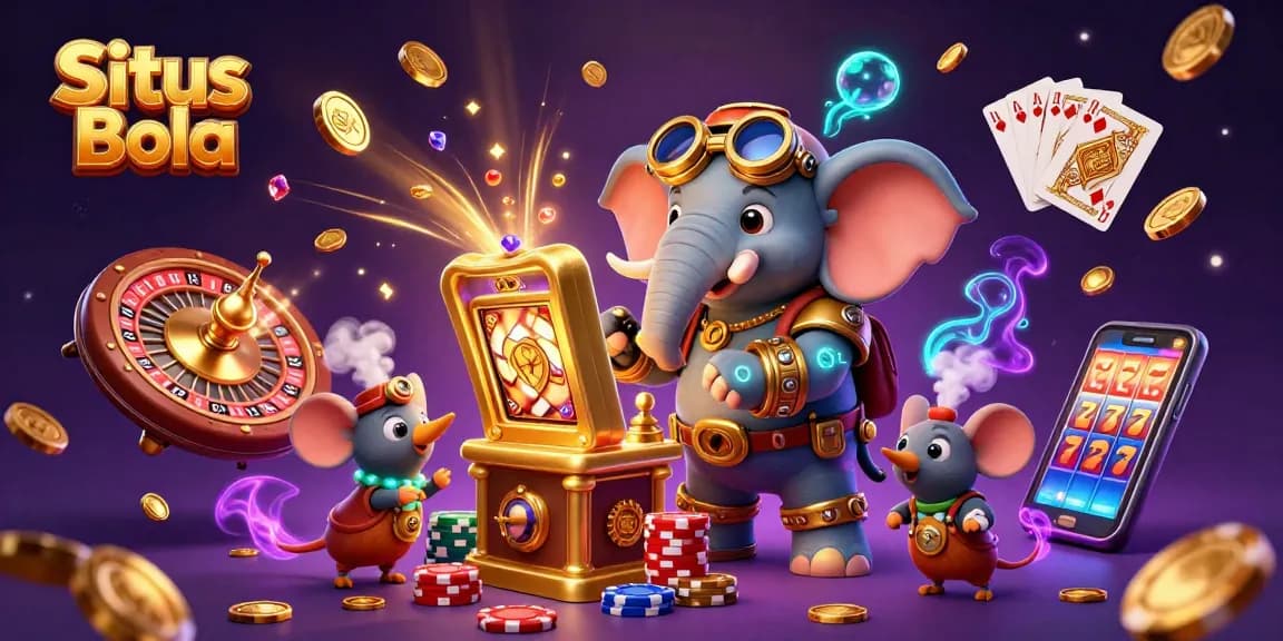 Situs Bola showcases a vibrant scene with a steampunk elephant operating a slot machine in a dynamic sports betting atmosphere.