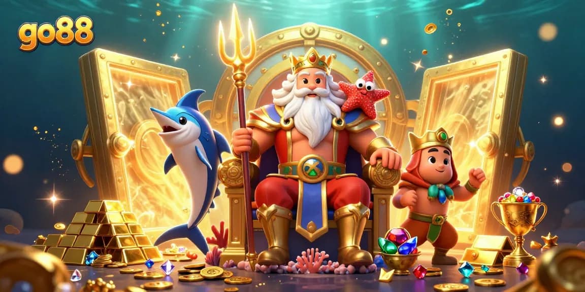 Experience the thrill of go88 with Neptune and treasures in a vibrant underwater casino scene.