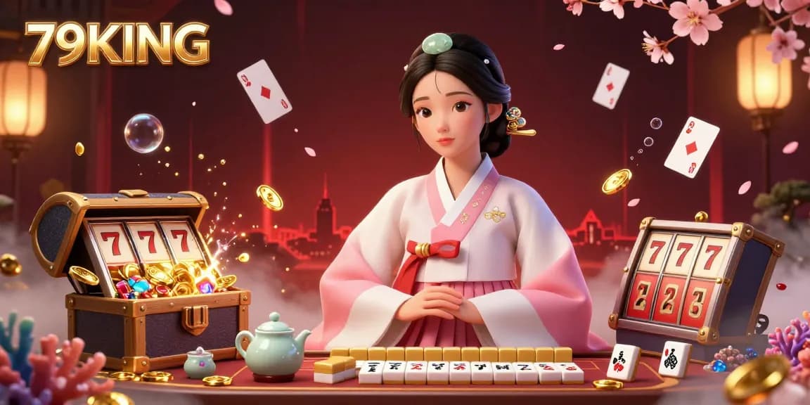 Experience the thrill of 79KING with a captivating 3D illustration of an elegant woman in Korean hanbok amidst vibrant casino elements.
