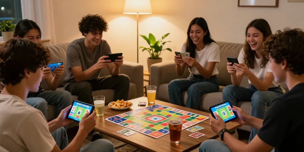 Exciting gaming moment with friends playing Card Rummy on Android devices at home, showcasing https://cardrummy.io/ vibrant visuals and social interaction.