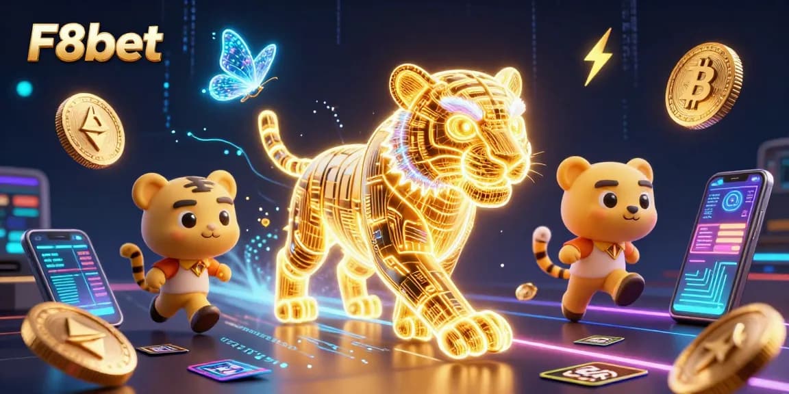 Engage thrillingly with F8bet's vibrant digital casino landscape, showcasing crypto coins and a golden tiger.