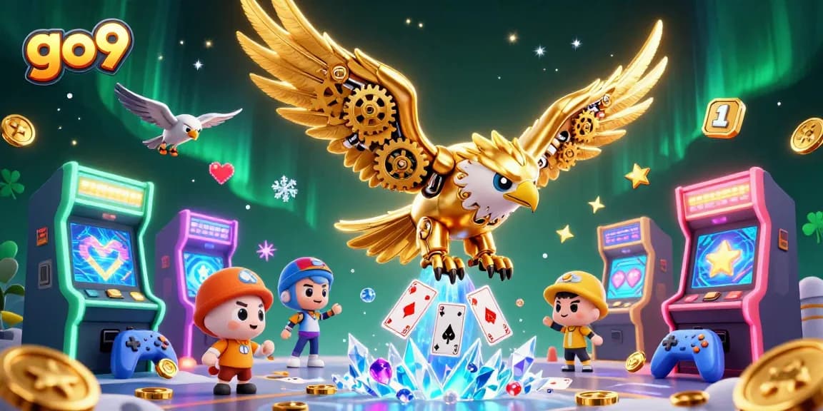 Experience the thrill of go9 online betting with exciting holographic games and golden eagle mascots.