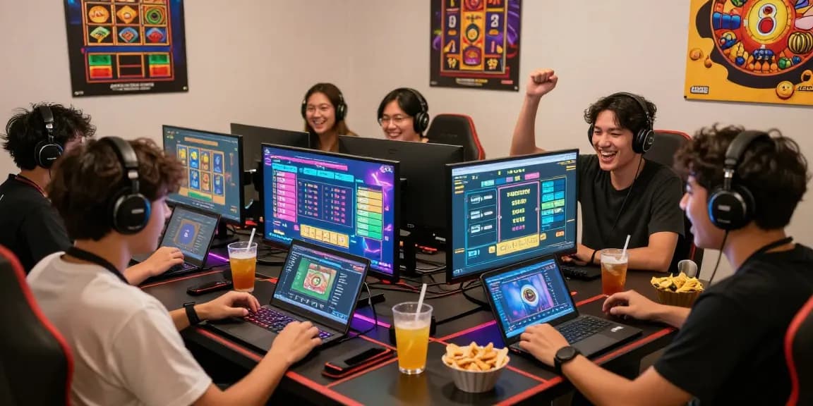 Togel88 Online players engaging in a live gaming session with laptops and vibrant atmosphere.