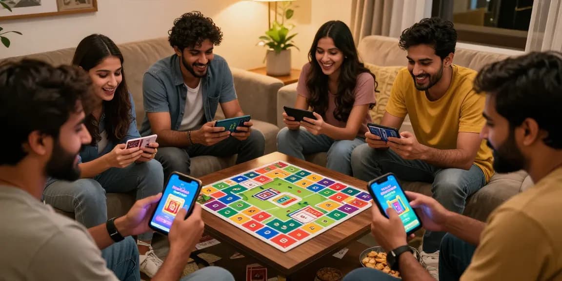 Players enjoying Teen Patti and Rummy during a gaming night, visit official site for 3 Patti Vegas APK.