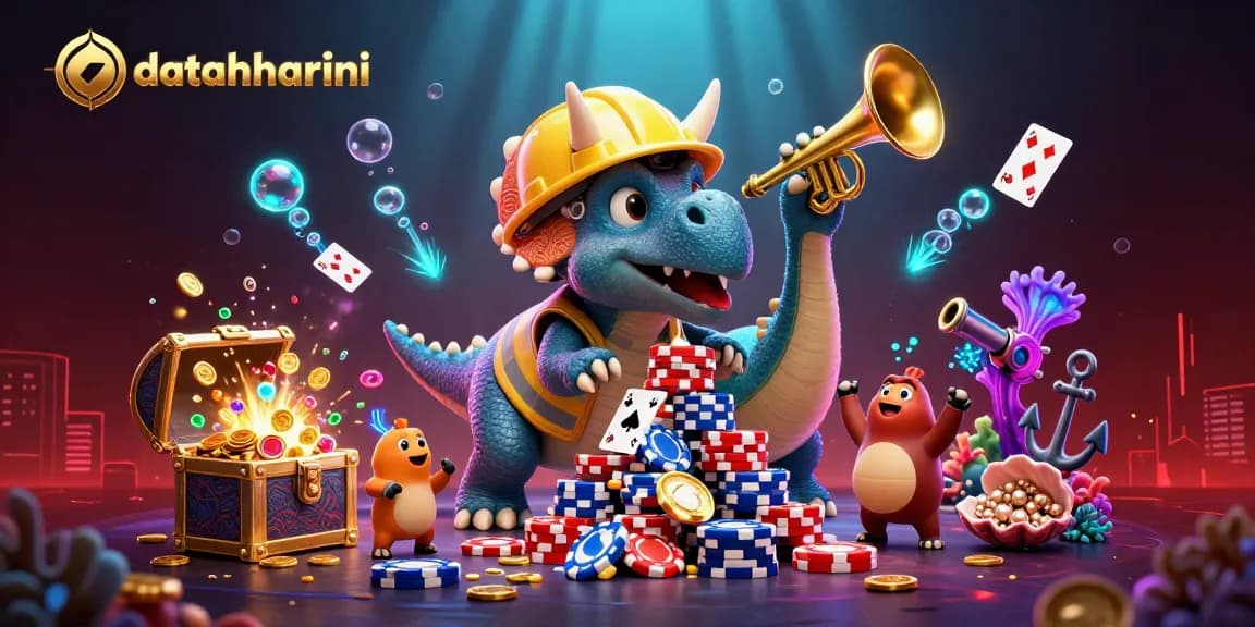 Menyaksikan datahkhariini sambil bermain poker dalam ilustrasi 3D yang penuh warna dengan triceratops dan elemen kasino lainnya.