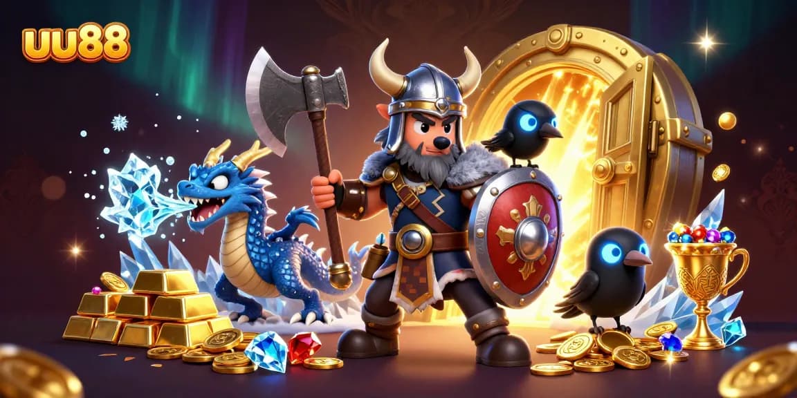 Engage in the thrilling realm of uu88 with a dynamic 3D scene showcasing a Viking wolf and dragon amidst treasures.