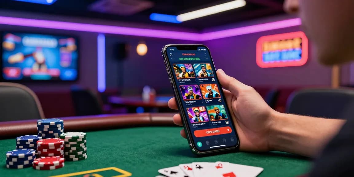 Engaged user on LUCK8 mobile app in dynamic online gaming lounge.