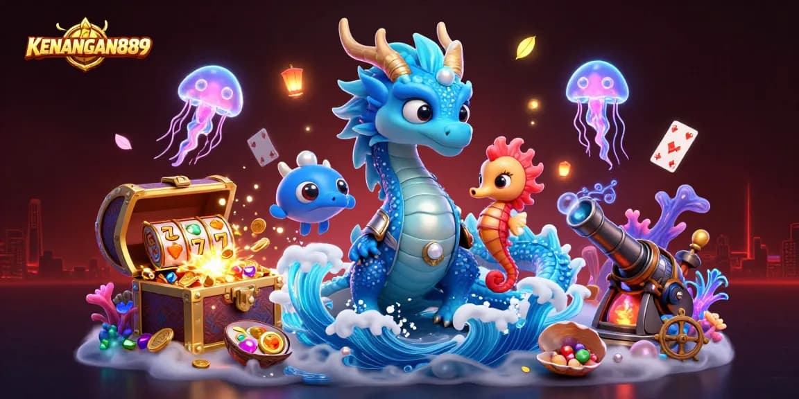 Play slots with KENANGAN889 featuring a dragon, seahorse knight, and neon jellyfish.