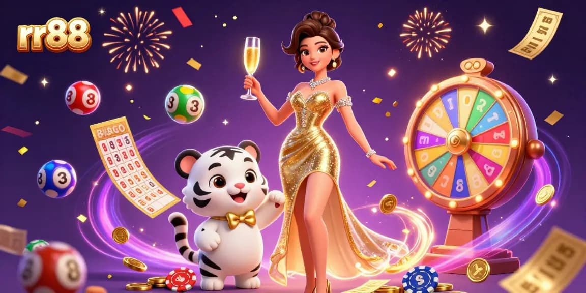 Experience winning moments at rr88 with a glamorous woman and lucky tiger amidst dynamic casino elements.