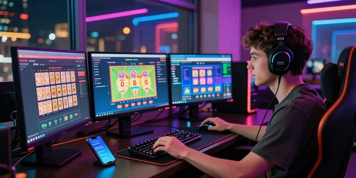 Permainan dewatogel online dengan pemain fokus dan atmosfer malam penuh warna.