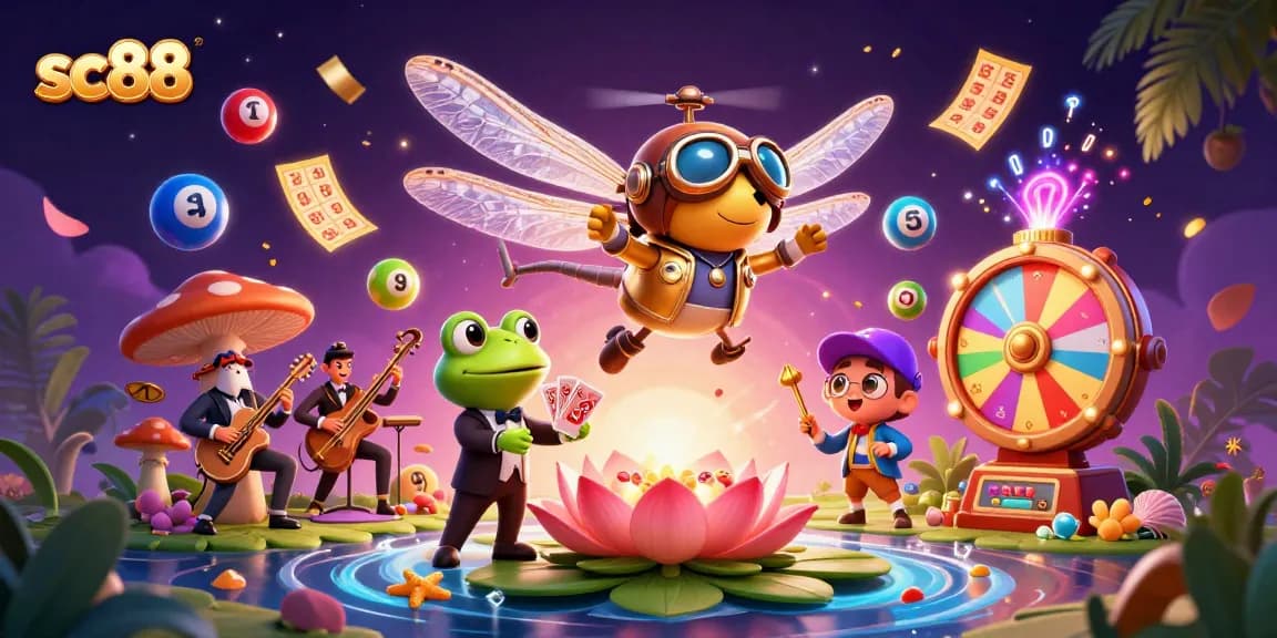 Engage with SC88 in a vibrant casino scene where a dragonfly pilot hovers over a lively lily pad casino.